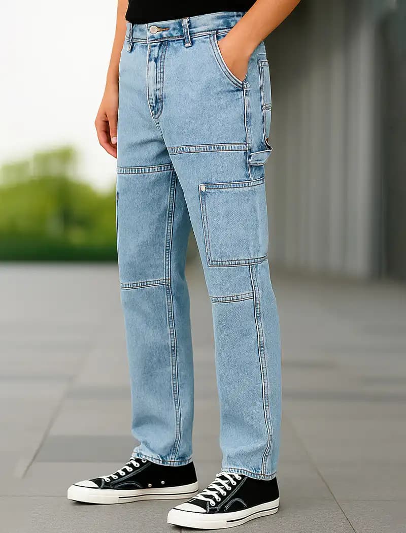 PN93 Light Wash 6 Pocket Cargo Baggy Jeans Pant