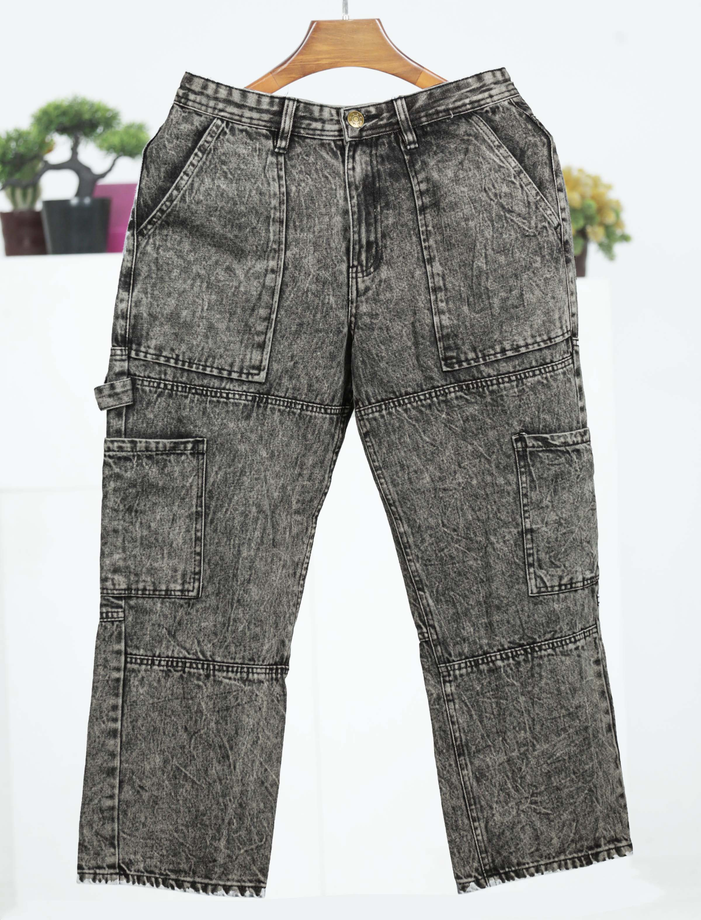 PN92 Black wash belt 6 Pocket cargo baggy jeans pant