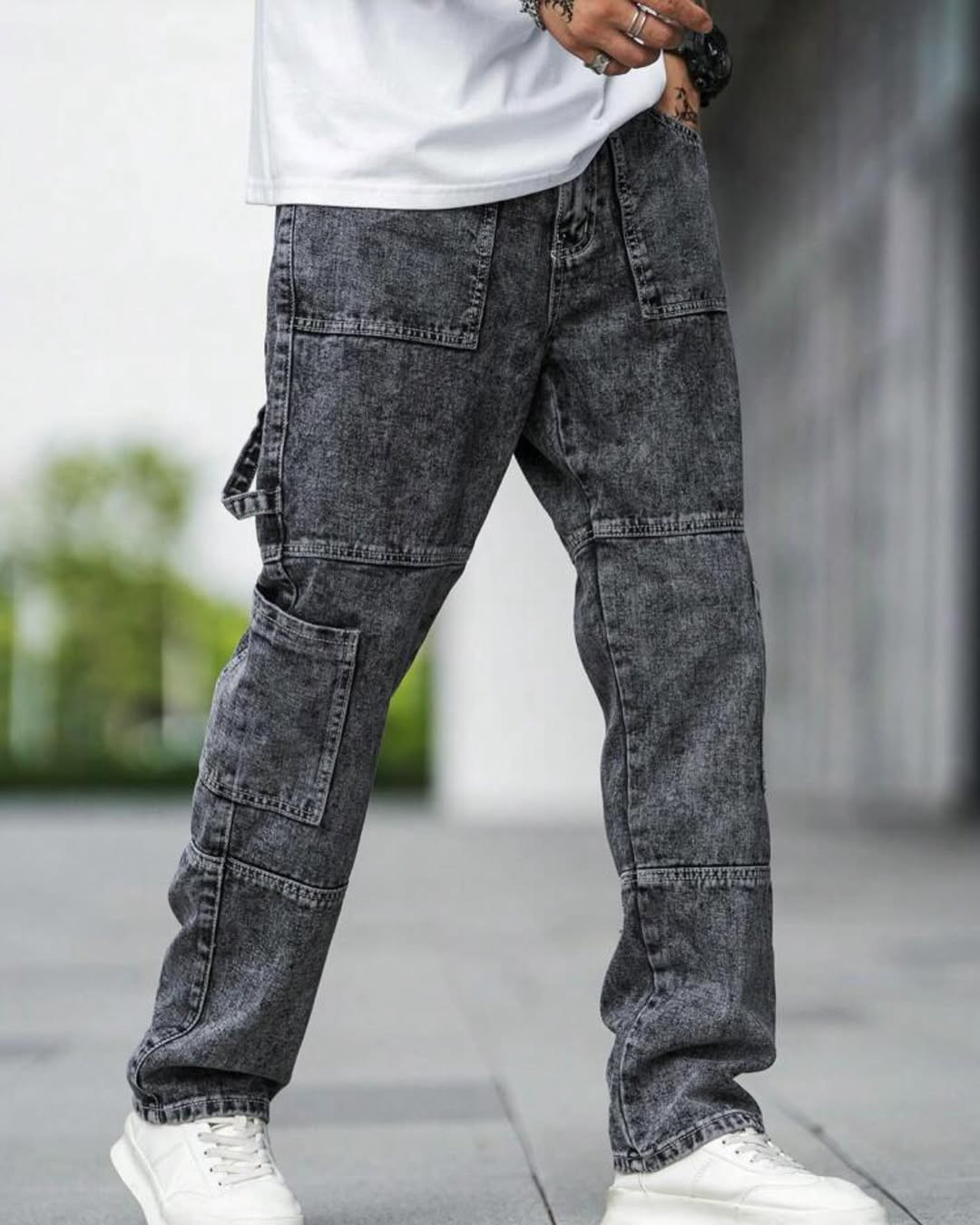 PN92 Black wash belt 6 Pocket cargo baggy jeans pant